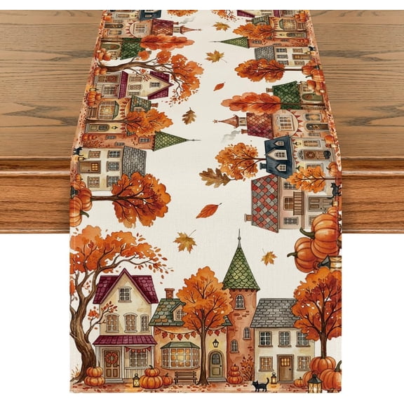 Pumpkin House Tree Fall Table Runner, Seasonal Autumn Kitchen Dining Table Decoration for Home Party Decor 13x72 Inch
