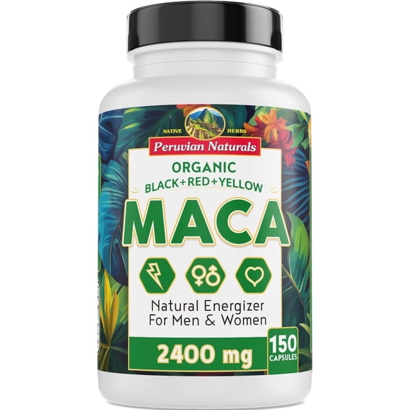 Organic Maca Root Capsules for Women & Men 2400mg per Serving - 150 Pills Black, Red, Yellow Maca Supplement - Gelatinized Macaroot, Non-GMO, Vegan by Peruvian Naturals