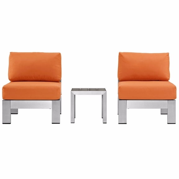 Modway Shore 3 Piece Outdoor Patio Aluminum Sectional Sofa Set in Silver Orange