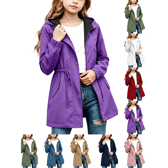 Kids Rain Jacket Nelozsy Kids Girls Solid Color With Pockets Drawstring Long Sleeves Waterproof Zipper Hooded Jacket Coat Purple 15 Years