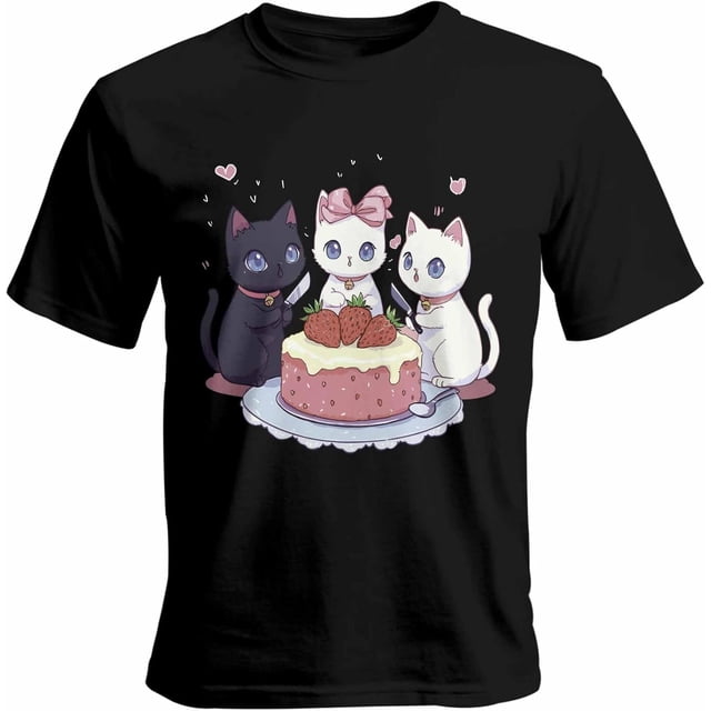 Mens T Shirts Cartoon Cats Strawberry Cake Short Sleeve Casual Men's Tee Tops Graphic T-Shirts for Teen Boys/Men