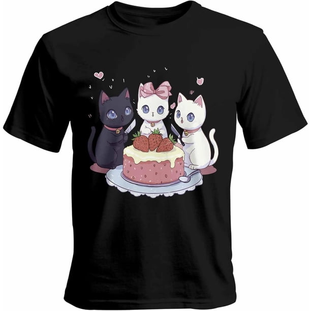 amisetas para hombre con dibujos de gatos y tarta de fresa, camisetas casuales de manga corta para hombre, camisetas gráfica