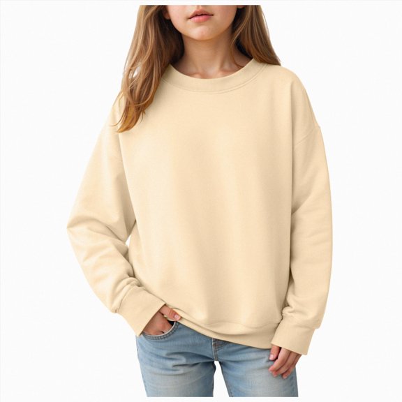 dmqupv Sweatshirts for Girls Cotton Pullover Sweatshirts 1T-14T Kids Cute Cartoon Printed Crewneck Tops Beige,18-24 Months