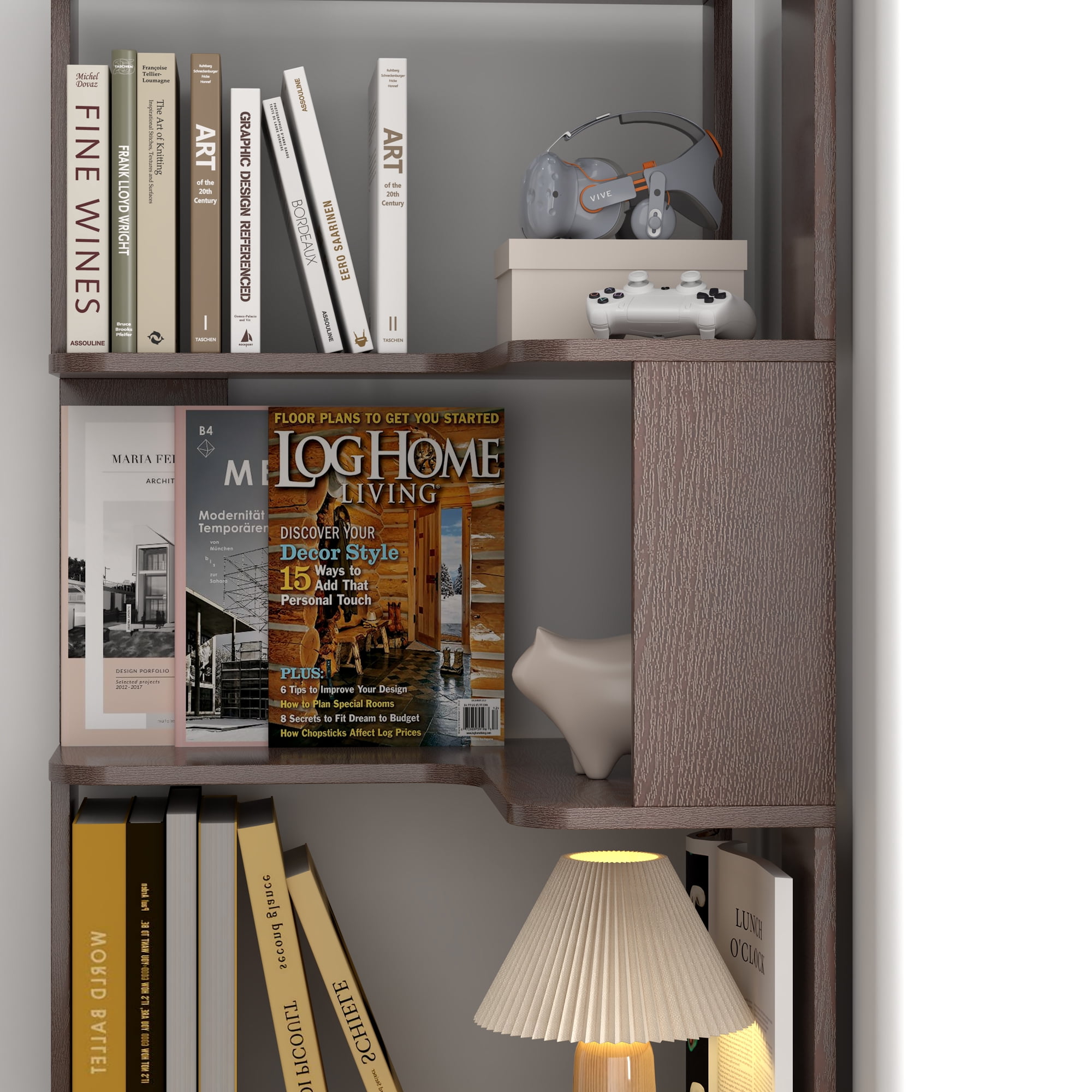 Leumius 6 Tier Freestanding L-Shaped Corner Bookshelf, Wooden Bookcase with anti-drop panle and anti tipping device, Display shelf Open storage rack Organizer for Home Office,Ox Blood Red
