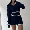 thumbnail image 4 of Womens 2 Piece Outfits Zipper Lapel Knit Pullover Sweater Shorts Set Wide Leg Matching Set Loungewear, 4 of 9