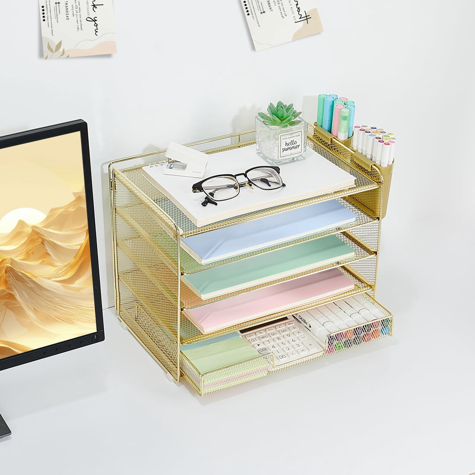 Desk Organizers And Accessories  5-tier Paper Letter Tray Organizer With Drawer & 2 Pen Holders Desktop For Office Supplies (gold)