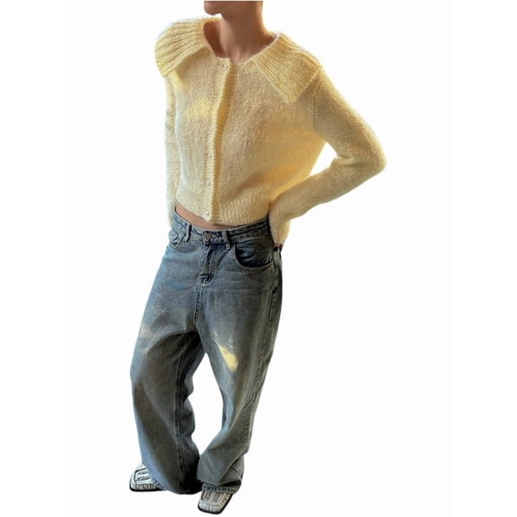 Womens Y2k Peplum Cardigan Sweater Long Sleeve Button Up Crochet Cardigan Ruffle Fall Fashion Sweater Light Yellow S