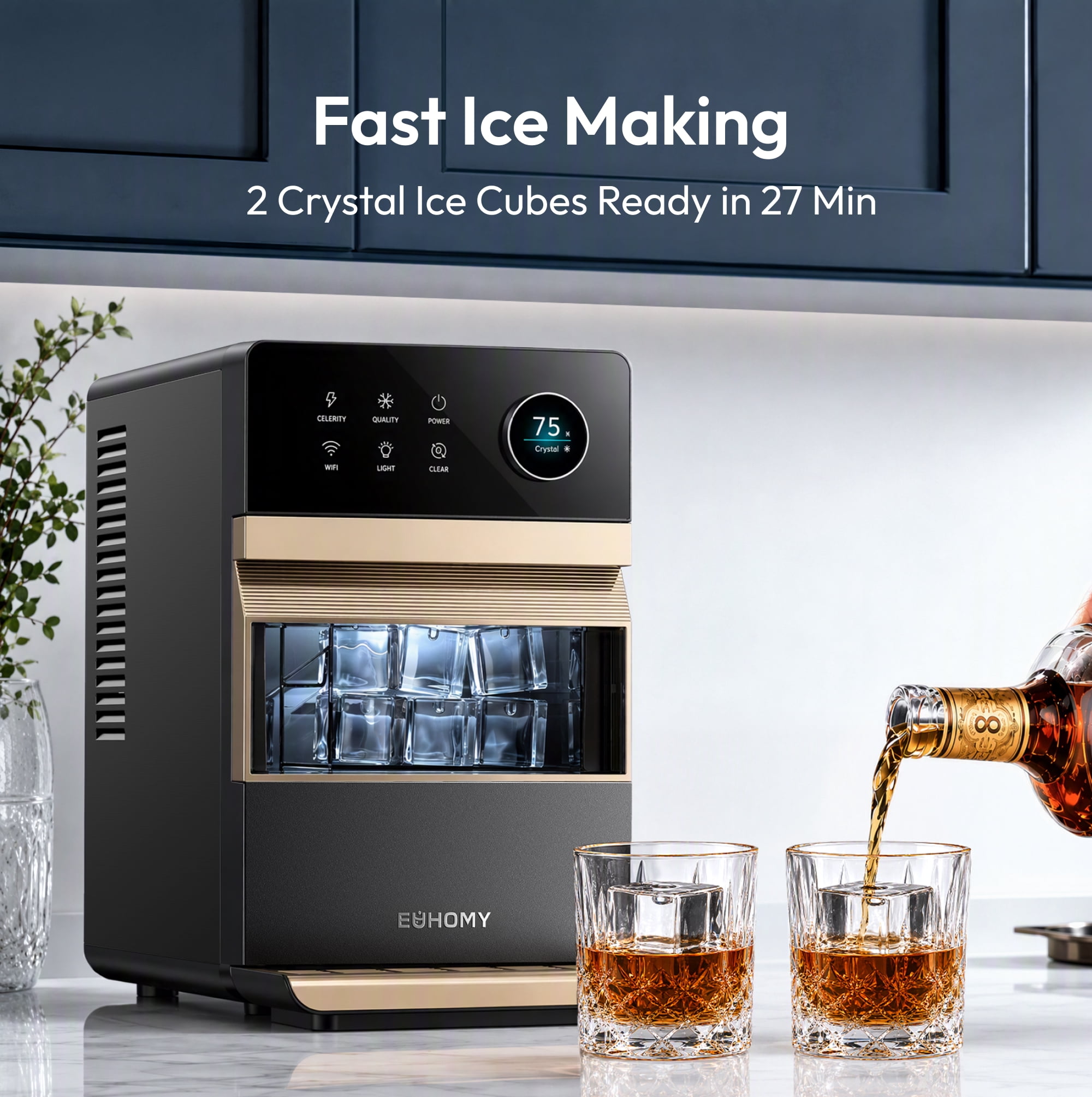 EUHOMY Crystal Clear Ice Maker, 2-Inch Square Ice Cubes, Smart App Control, Self-Cleaning
