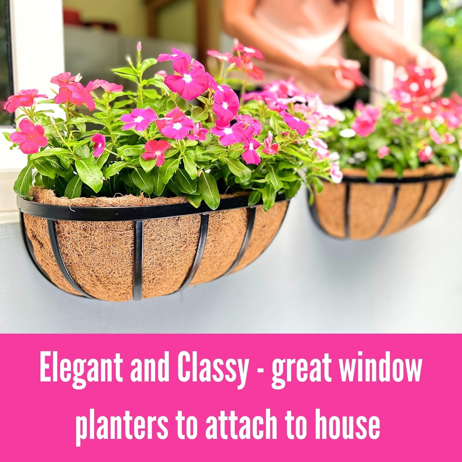 Wall Planters - 16 Inch, 2 Pack Deck Railing Planter Boxes for Outdoor Plants, Window Flower Box with Coco Liners Metal Horse Troughs Fence Balcony Garden Herb Pot Patio Porch Over Rail