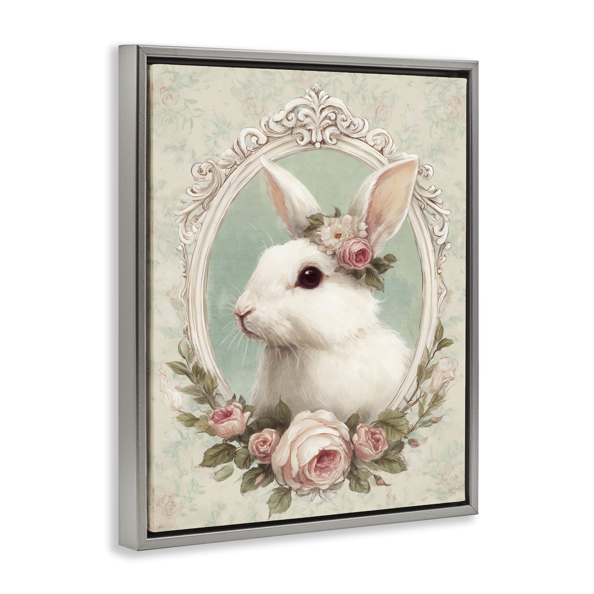 Stupell Industries Flower Fringed Bunny Portrait Gray Framed Floater Canvas Wall Art, design by Ink Drop Loft