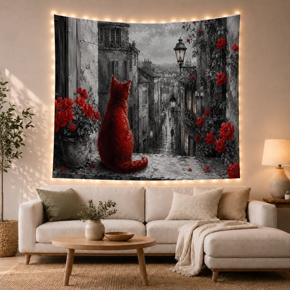 Red Cat Overlooking Old Town with Wet Stone, Romantic Vintage for Cat Lovers, Nostalgic Wall Art, Valentine's Day Gift, Tapestry Wall Hanging for Living Room and Bedroom