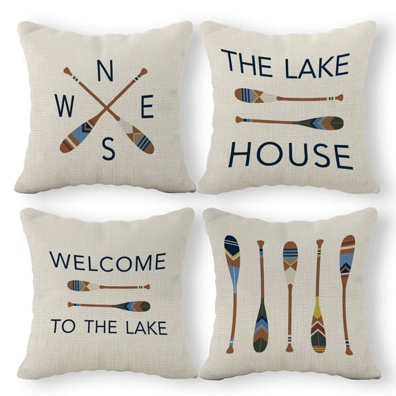 Set of 4 Lake House Decor Lake Pillows Case 18 x 18 Inch, Lake Paddle Decor, Lake House Rules Decor, Lake House Decor, Lake House Room Decor Pillows Cover for Sofa Couch Bed (ONLY Cover)