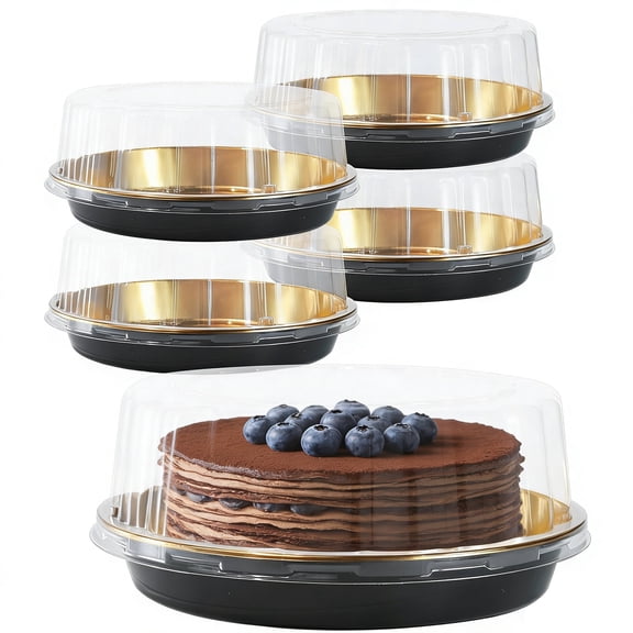 5Pack 10inch Round Clear Gold Cake Carriers for Transport Plastic Cake Containers Carriers with Dome Lids and Cake Boards Clear Bundt Cake Boxes