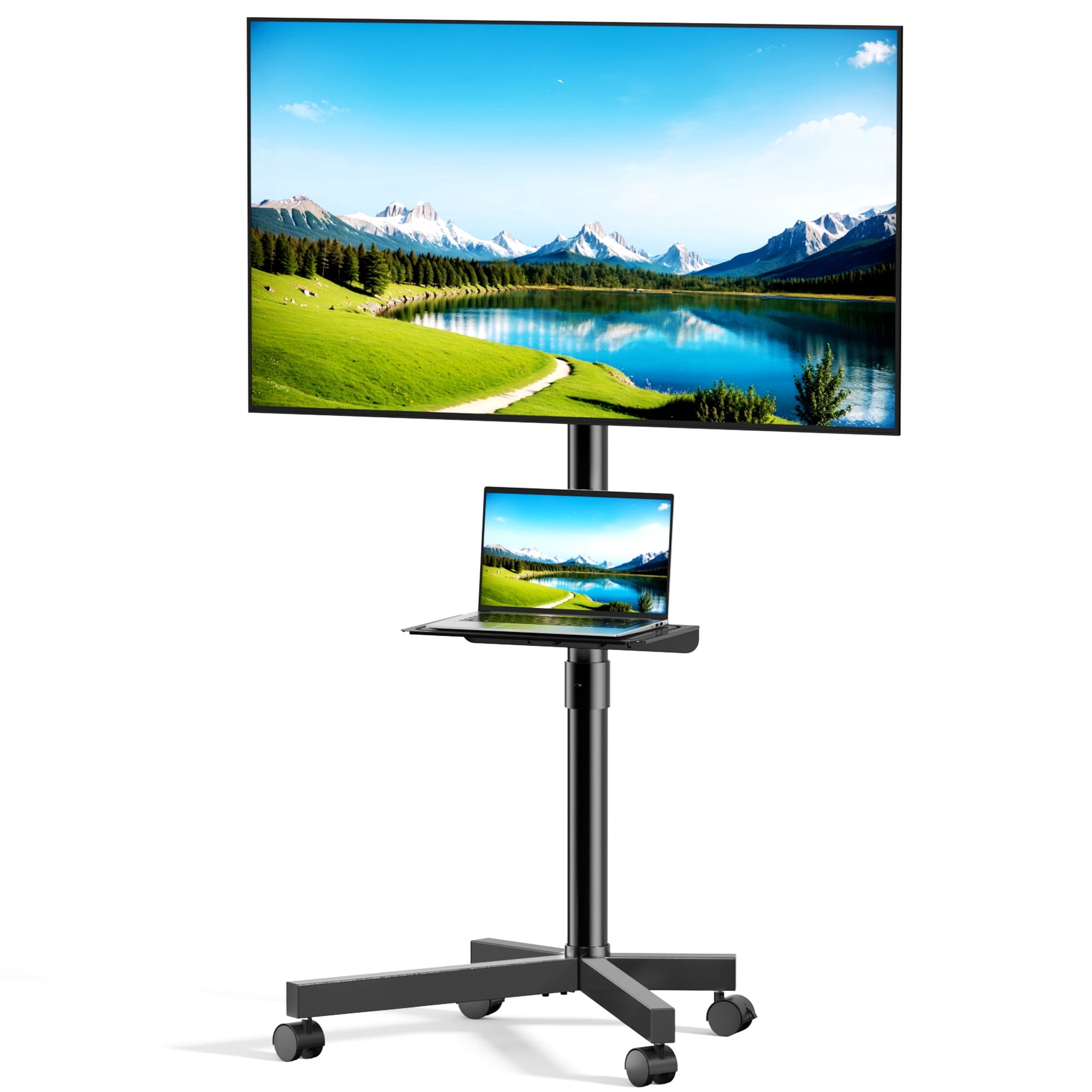 EDX Rolling Mobile TV Stand with Locking Wheels, Height & Tilt Adjustable Stand with Media Shelf for 23-65 Inch TVs, Max VESA 400x400mm, Holds 88lbs, Black