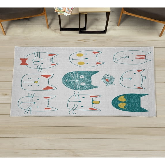Cat Decorative Rug, Pets Moustache Bow Tie Hat Crown Fluffy and Fish Humor Faces Graphic, Quality Carpet for Bedroom Dorm and Living Room, 6 Sizes, Cadet Blue, by Ambesonne