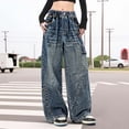 thumbnail image 5 of Coerni Casual Pants Big Kids Girls' Thin Denim Wide Leg Pants Loose Drawstring Jeans Summer Daily Casual Trousers for Outdoo Play, 5 of 9