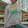 thumbnail image 2 of Good Times & Tan Lines, Summer or Beach Themed, Groovy Retro Wavy Text Merch Gift, Heather Grey Hooded Sweatshirt or Hoodie, 2XL, 2 of 5