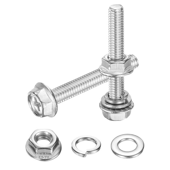 M6 x 40mm 10Pcs Flanged Hex Head Bolts with Nuts, Flat & Lock Washers, Silver