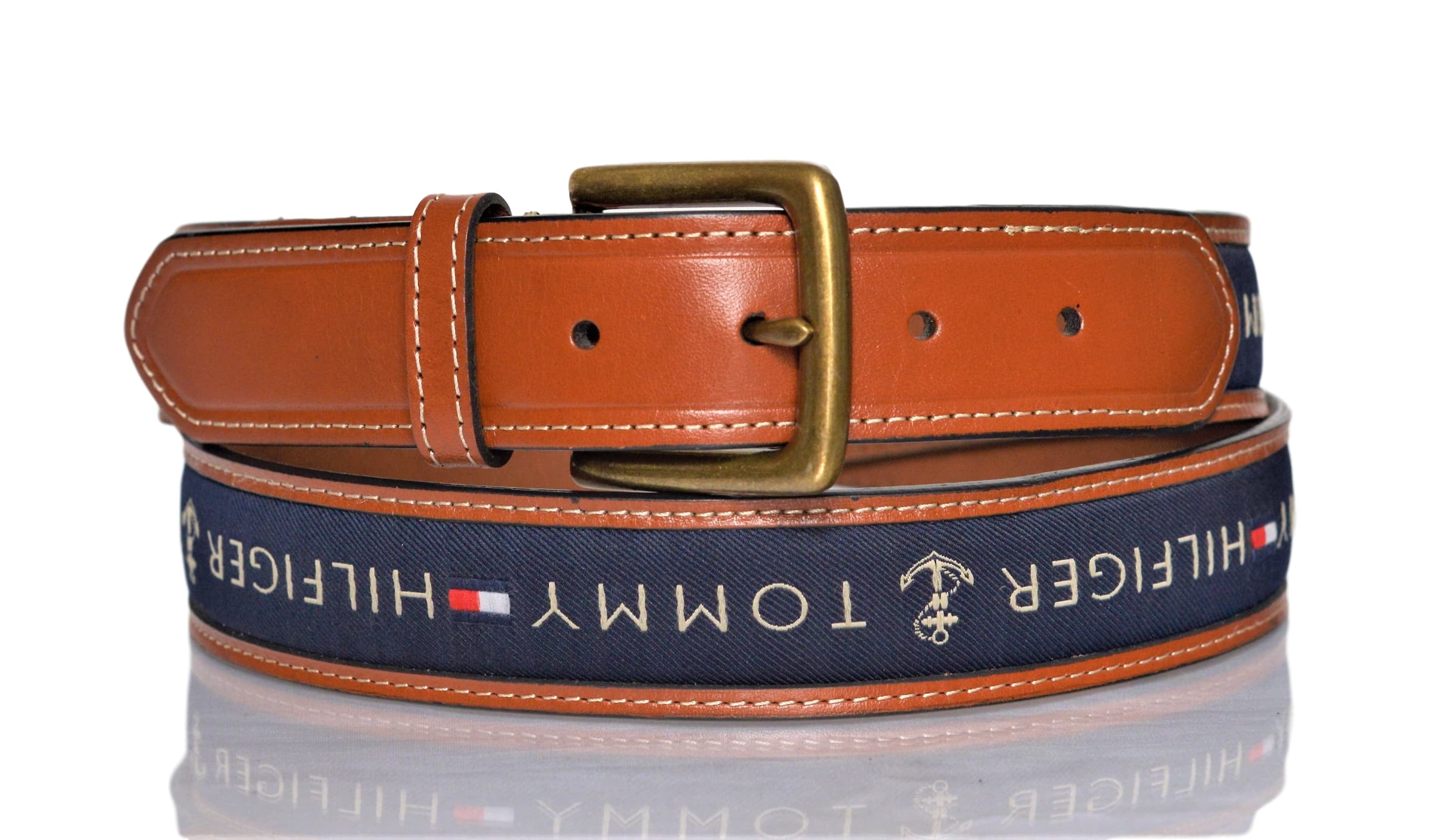 Tommy Hilfiger Men's Ribbon Inlay Fashion Leather Belt Navy 
