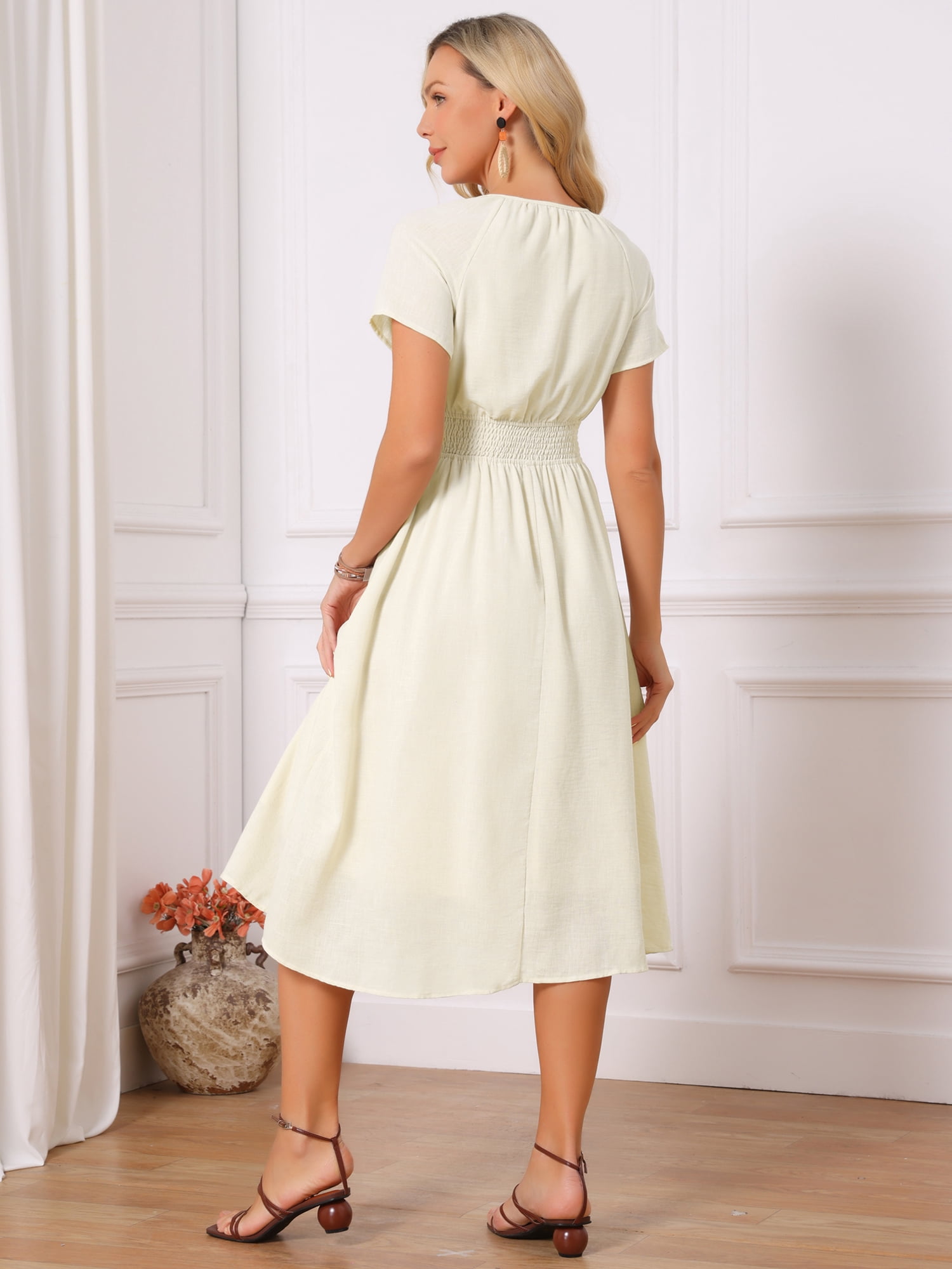 DARING DIVA Women's Smocked Tie V Neck Short Sleeve Flowy Midi Dress S Apricot