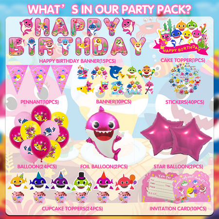 138 Pcs Baby Birthday Shark Decorations, Baby Sharkl Party Supplies Include Banners, Cake Cupcake Toppers, Latex Balloons, Hanging Swirls, Foil Balloons, Invitation Card and Stickers for Kids