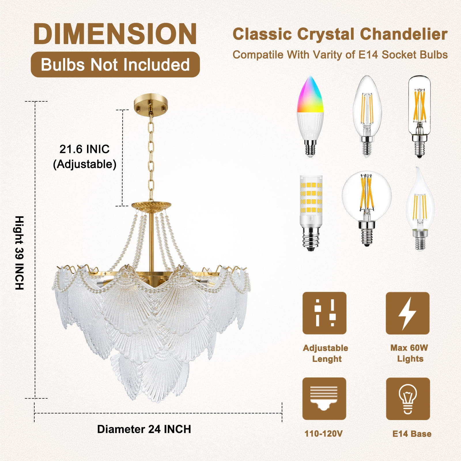 FINE MAKER 23.6" Crystal Shell Chandelier Seashell Pendant Light Ceiling Light Fixture for Kitchen Island, Dinning Bedroom,Living room
