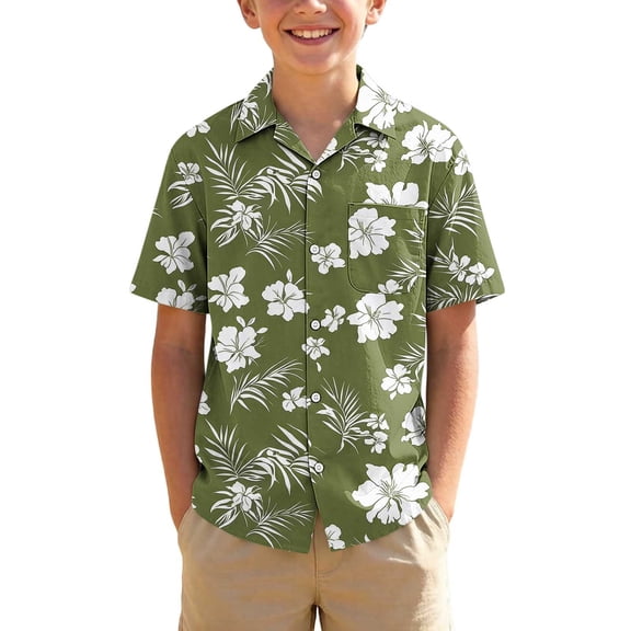 Atogsazn Kids Boys Summer Hawaiian Shirt Children Casual Button Up Short Sleeve Shirts Loose Fit Tops Army Green 5-6 Years Fashion