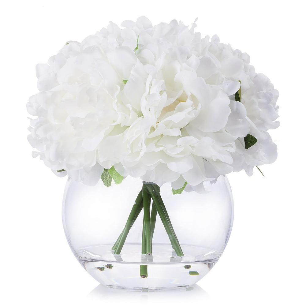 Enova Home Artificial Peony Flower Arrangement in Clear Glass Vase With Faux Water - Walmart.com ...