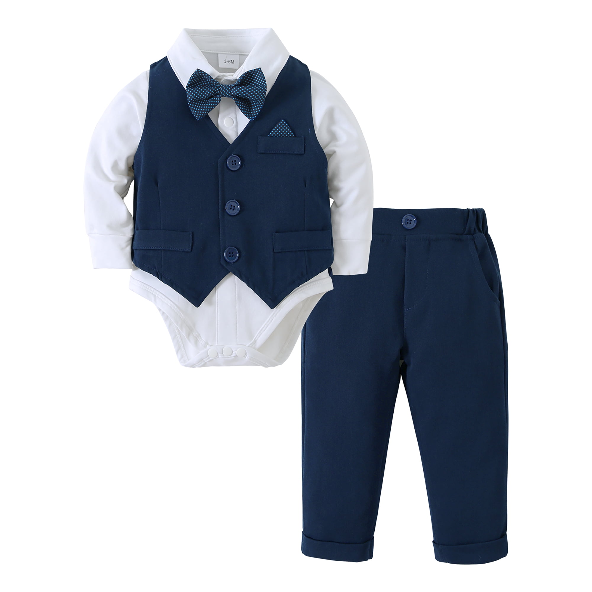 CARETOO Baby Boy Clothes Suit Toddler Outfits 4pcs Formal Dress Onesie Waistcoat Pants Bow Tie Set