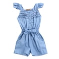 thumbnail image 3 of Mode Bébé Filles Bleu Clair Bowknot Volant Sans Manches Jeans Combinaison Romper 0-5 Ans, 3 of 4