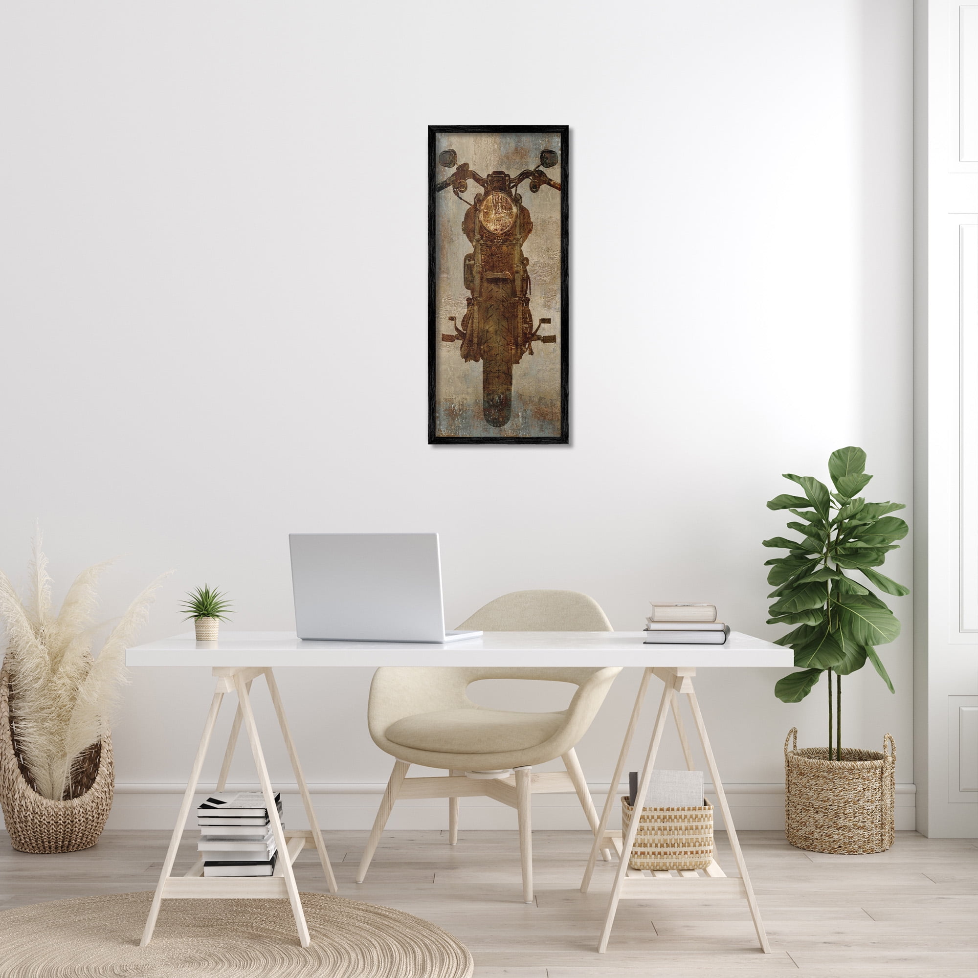 Stupell Industries Motorcycle Silhouette Rustic Pattern Transportation Painting Black Framed Art Print Wall Art, 13 x 30