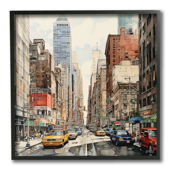 Stupell Industries Bustling Urban Street Transportation Painting Black Framed Art Print Wall Art, 12 x 12