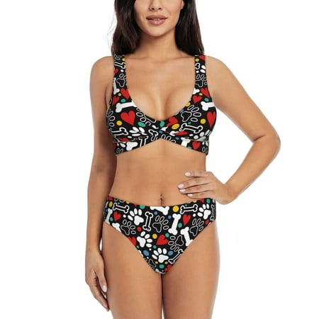 Zeuib Cute Puppy Footprints High Waisted Tummy Control Bikini Set - Knot Front Push Up Top & Cheeky Thong Bottom  Two-Piece Swimsuit for Women-Small