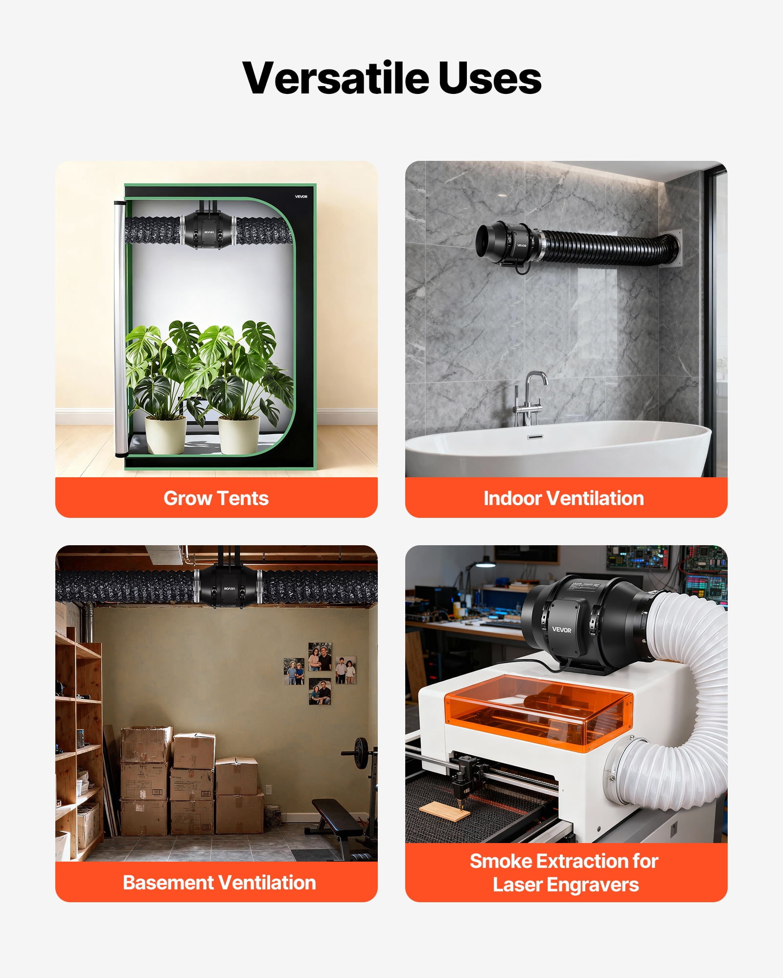 VEVOR Inline Duct Fan, 6 in Quiet Inline Exhaust Fan, 380 CFM Powerful AC-Motor Ventilation Fans for Cooling Booster, High Air Flow, Vent Blower Fans for Indoor Grow Tents Basement Hydroponics