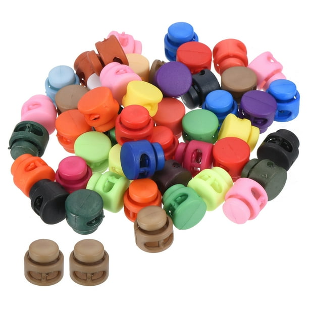 Juego de bloqueos de cordón de 16mm, paquete de 50, tapones de resorte de doble agujero multicolor para bolsas de cordón y agujetas