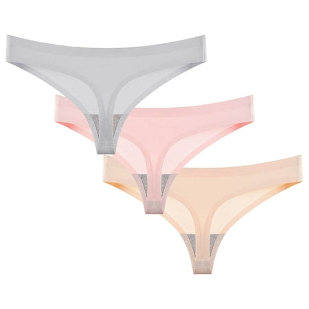 Rohuuque 3 Pack Women s Invisibles Thong No Show Panties V String Thong Underwear Breathable Low Rise Ice Silk Stretch Underwear Beige C