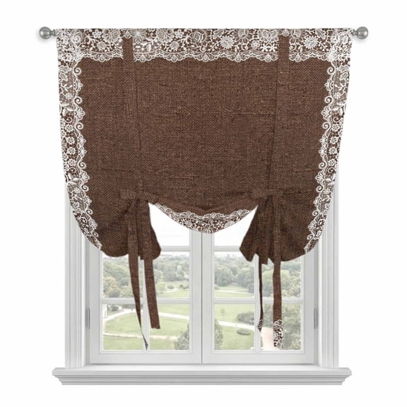 Brown Shabby Chic Tie Up Curtains for Windows, Adjustable Balloon Window Shades, Lace Border Romantic Aesthetic Kitchen Window Treatments Adjustable Roll Up Curtain for Basement/Nursery 52"x45"