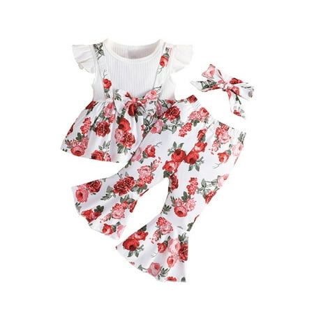

Toddler Girls Fly Sleevel Floral Prints Casual Tops Bell Bottoms Pants Kids Outfits Character Set Girls Baby Clothes 3 Months Girl