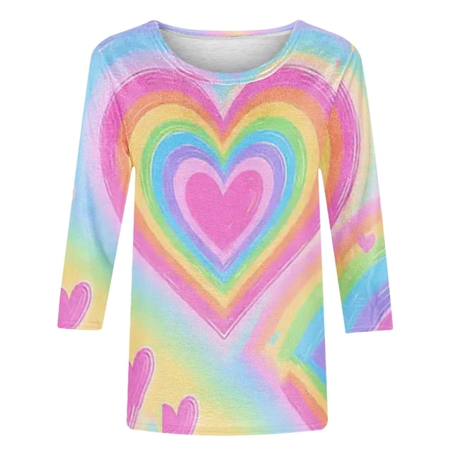 BLVB T-Shirt Graphique Teinture sur Nœuds Cœur pour Femmes T-Shirt de la Saint-Valentin Motif Mignon Manches 3/4 Hauts Col Rond Printemps