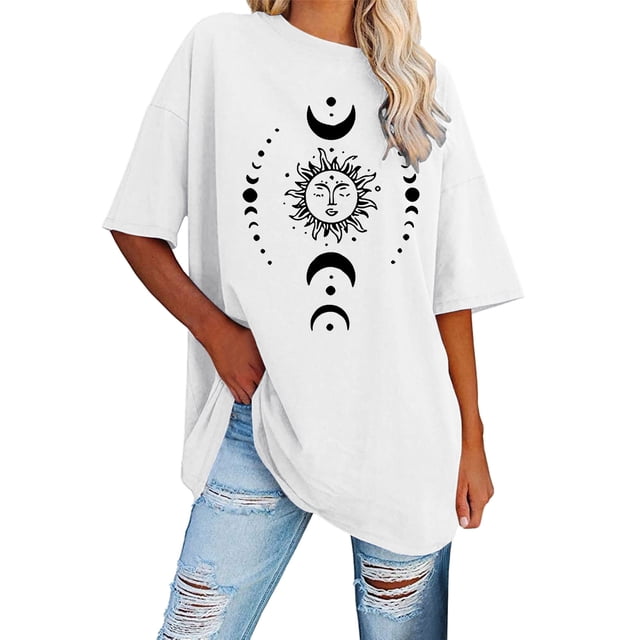 T Shirts Femmes Épaule Manche Courte Soleil Lune Imprimé Col Rond Manche Courte Taille T-Shirts Femmes Blanc TG