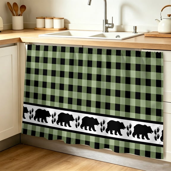 Sage Green Black Cabinet Curtains for Shelves, Farmhouse Vintage Bear Buffalo Plaid Privacy Curtain for Closet Self Adhesive, Dust-Proof Drapes for Closet Storage Room Classroom Doorway, 32"W x 55"L