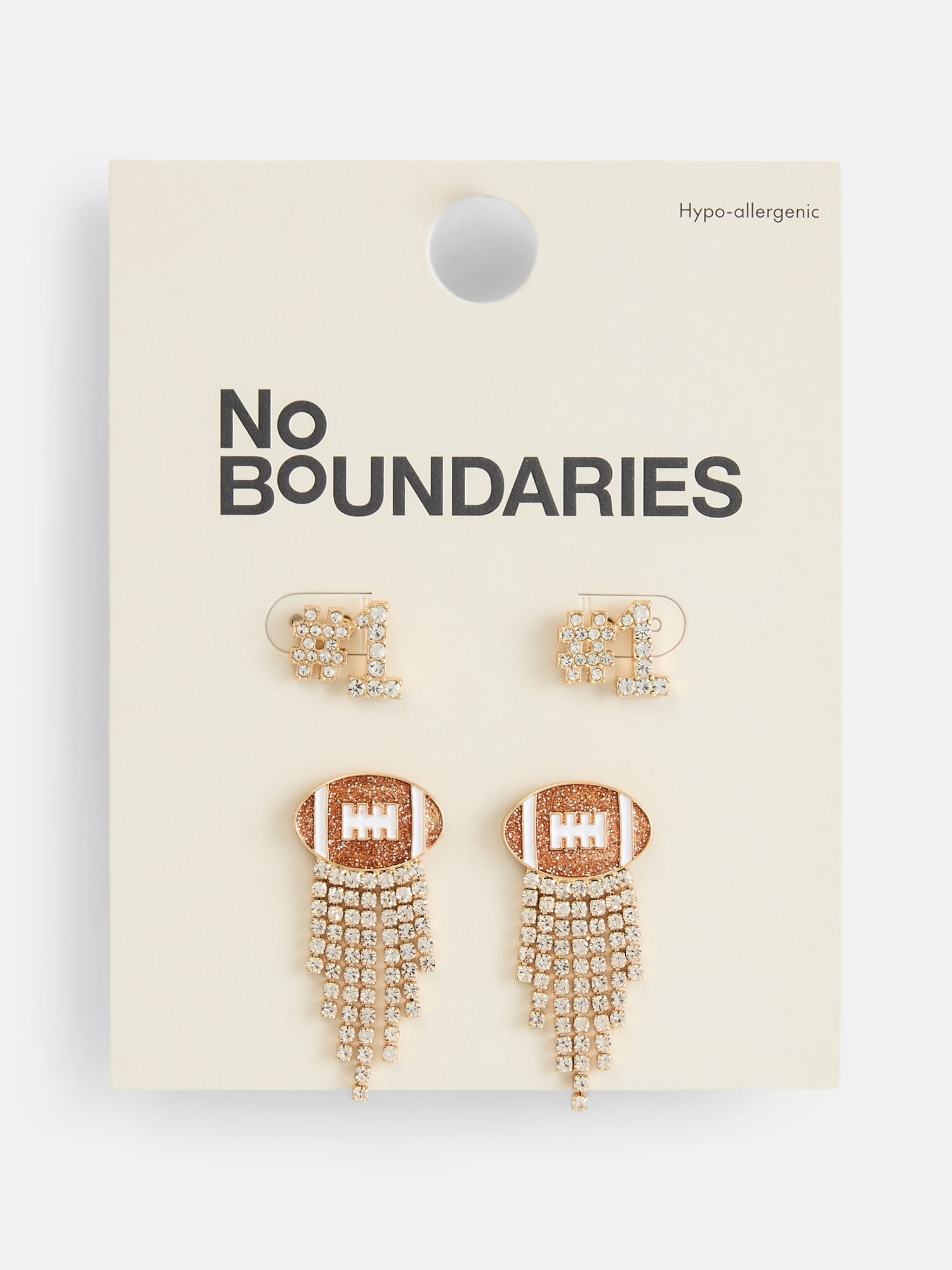 No Boundaries Women's Gold Tone Game Day Football Studs and Fringe Earrings Set, 2 Pairs