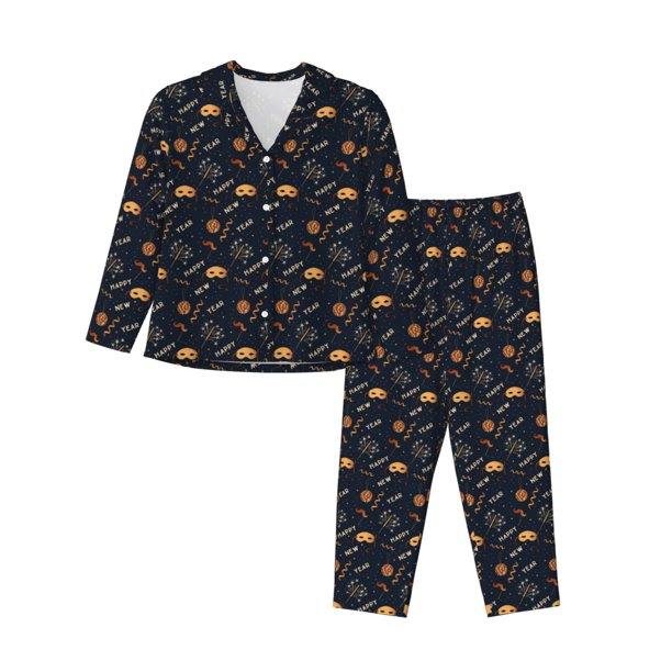 Fotbe New Year Conjunto de Pijama de Manga Larga para Mujer con Estampado, Ropa de Dormir de 2 Piezas, Conjunto de Casa Suave y Cómodo con Bolsillos-Medium