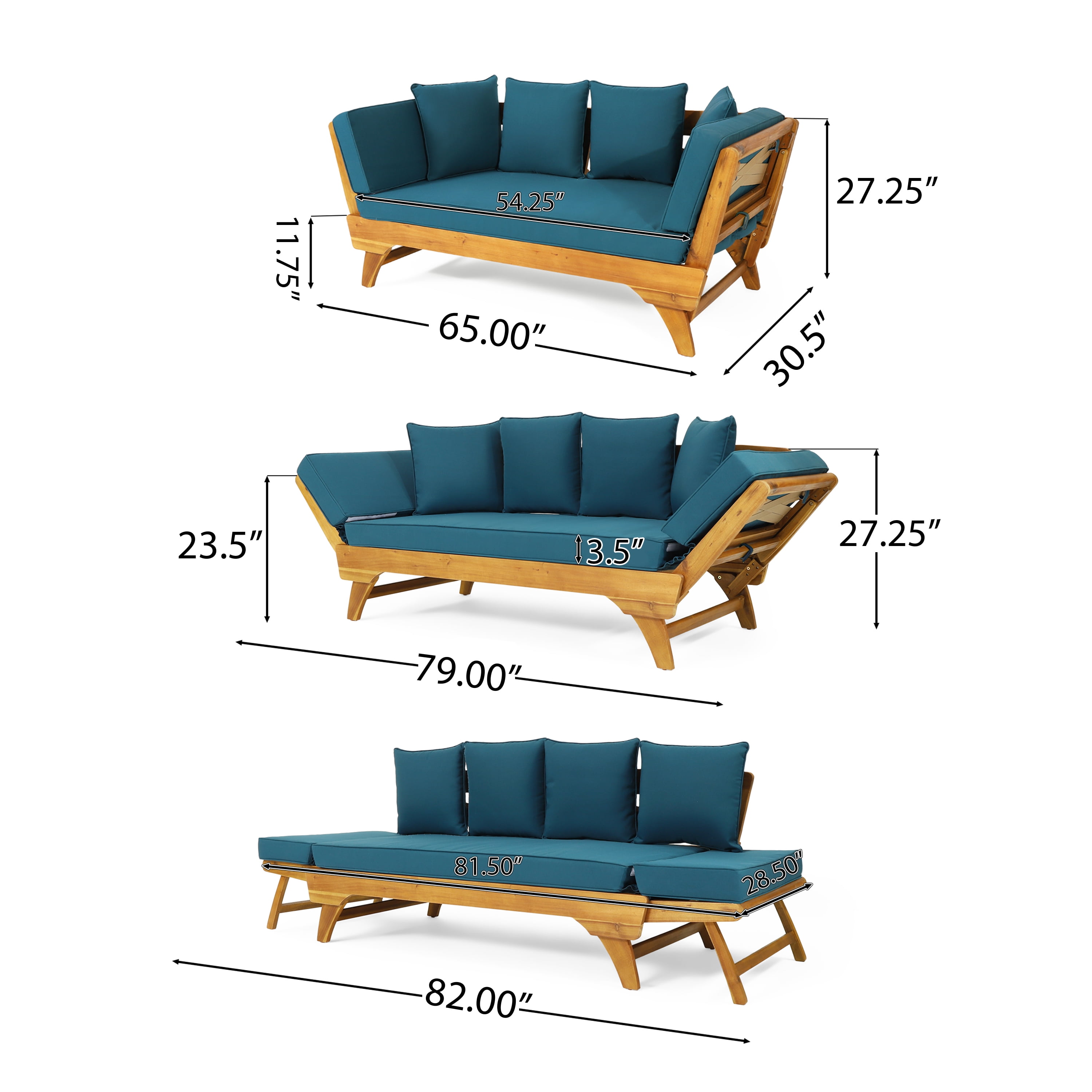 Outdoor Convertible Sofa Rest Bed with Cushions, Expandable Acacia Wood Leisure Furniture for Patio Garden, Teak and Beige