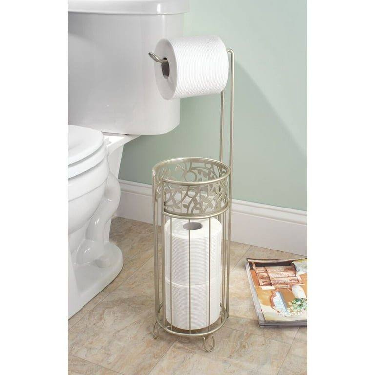 mDesign Decorative Metal Free Standing Toilet Paper Holder Stand with Storage