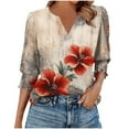 thumbnail image 2 of Blouse for Women Plus Size 3/4 Sleeve Floral Print V-neck Blouse Casual Smocked Cuffs T-shirt Khaki XXL, 2 of 6