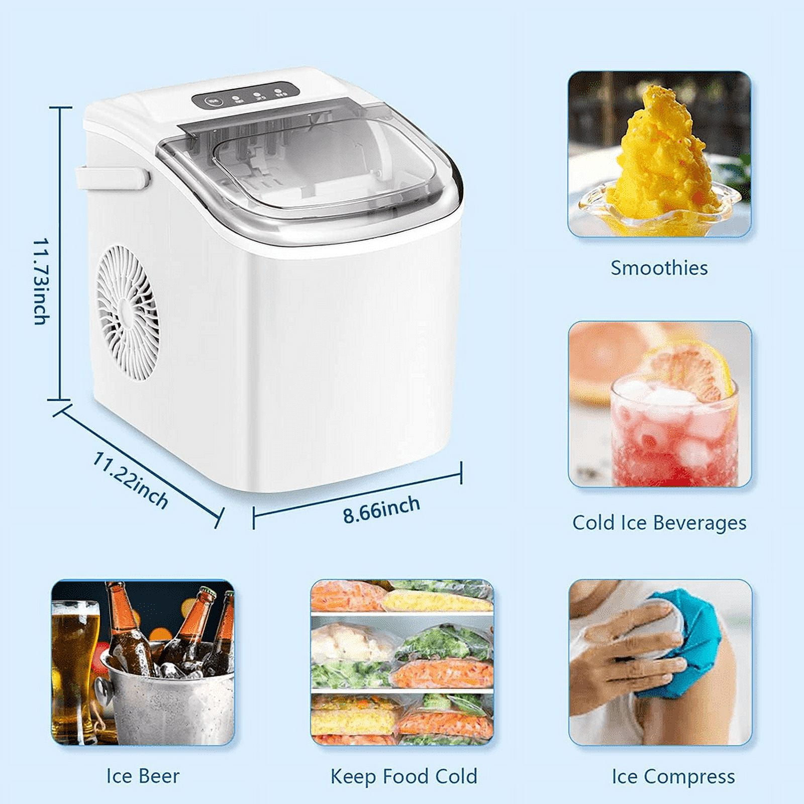 YUKOOL Countertop Ice Maker with Handle Portable Ice Maker, 26lbs/24 Hours, 6 Minutes/9 Ice Cubes, S/L Bullet Ice, Self Cleaning, Suitable for Home, Kitchen, Office, Leisure Area(WHITE)
