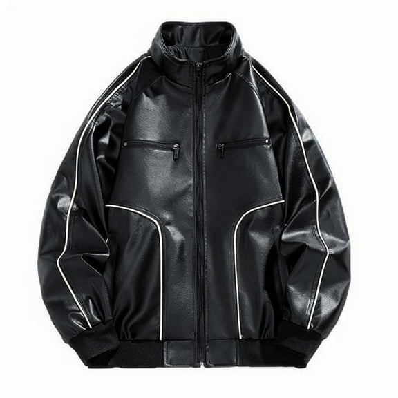 Fjofpr Jackets for Men Big and Tall Jackets for Men Lightweight Man Streak Solid Color Pockets Zipper Lapel Leather Coat