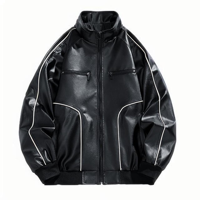 Leather Coats for Men, Man Streak Solid Color Pockets Zipper Lapel Leather Coat