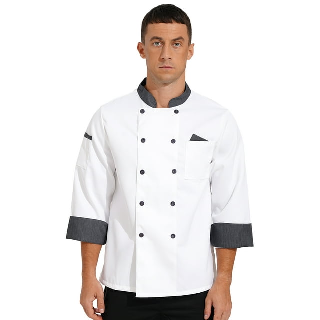 Sywiyi Mens Unisex 3/4 Sleeve Chef Jacket Chef Coat Stand Collar Pockets Bakery Cooking Work Wear Kitchen Uniform White F 3XL